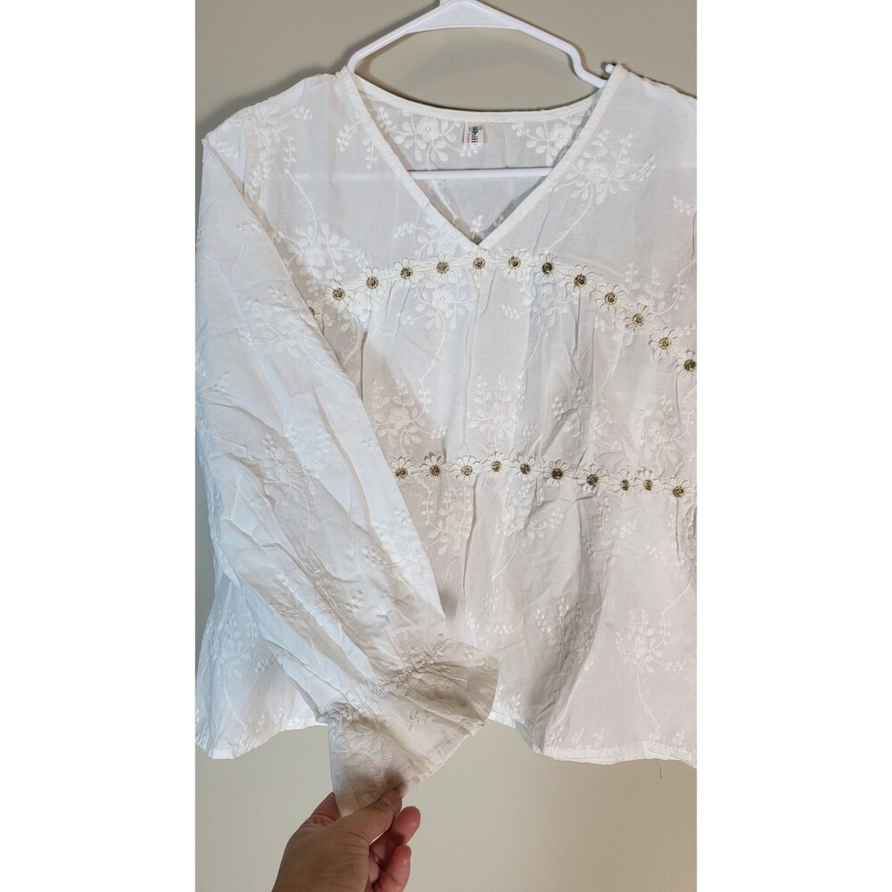 Coquette White Blouse M Embroidered Floral Gold Rosette Cottagecore Boho Prairie - Picture 4 of 8
